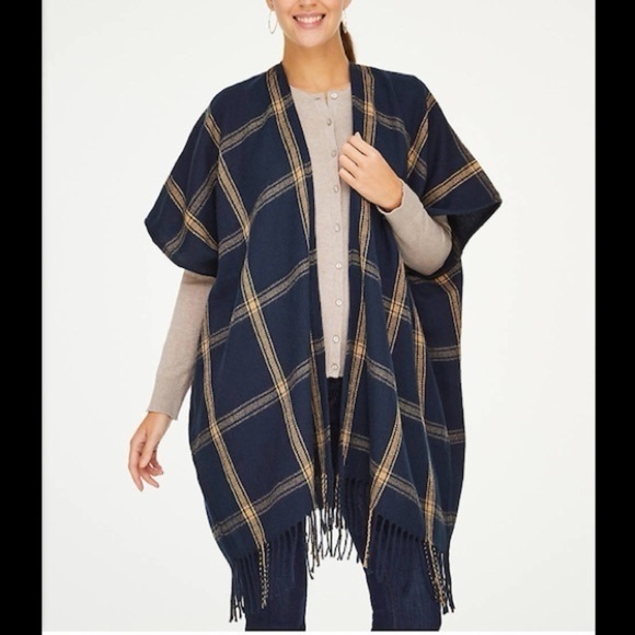 LOFT Tops - Loft Navy and Tan Plaid Poncho/shawl​​​​​
